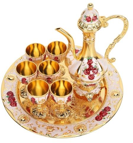 Juego de Café Turco,Juego de Cafetera Turca Vintage de Aleación con Bandeja y 6 Tazas, Decantador de Vino y Vasos, Elegante Set Artesanal para Fiestas, Reuniones, Cenas de Bodas (Gold White Red)