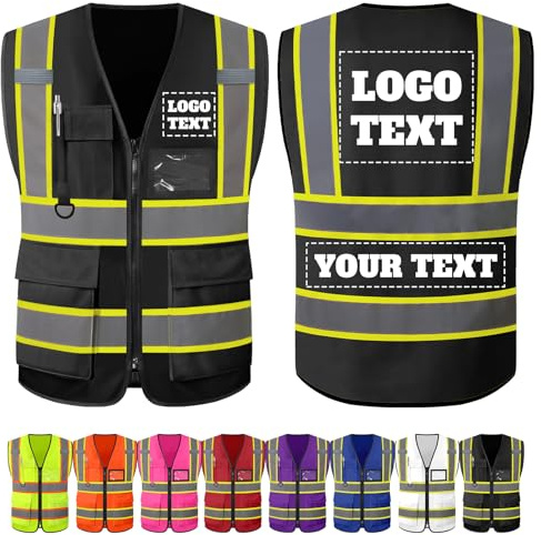 Custom Safety Vest with Logo Personalised High Visibility Vest Reflective for Men with Pockets Zipper Construction Workwear