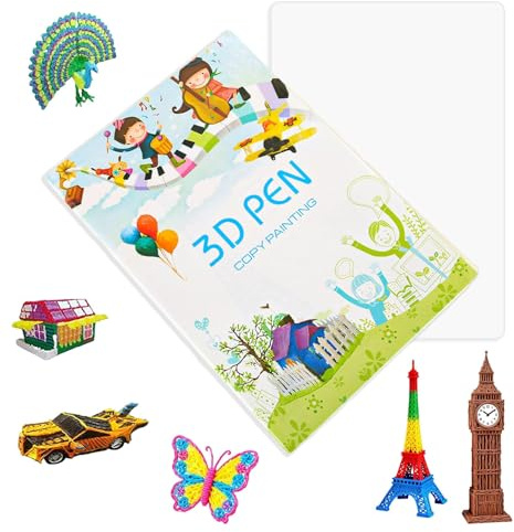 Carnet de dessin 3D, modèles de stylo 3D réutilisables, modèle coloré avec 40 motifs en papier épais avec planche de copie transparente en plastique, cadeau DIY créatif