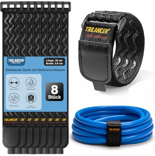 Trilancer Correas de Cincha Elástica con Tiras Antideslizantes,30 cm x 3.8cm (Pack de 8) Correas con Hebilla Multiusos con Lengüeta de Tirado Fácil para Cables,Cuerdas,Mangueras, Bicicletas,Pantalones