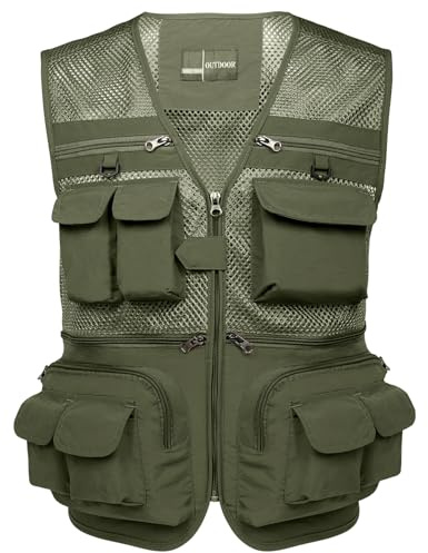 Flygo Men's Fishing Vest Utility Lightweight Outdoor Travel Safari Photo Cargo Vest with 16 pockets mesh Army Green L