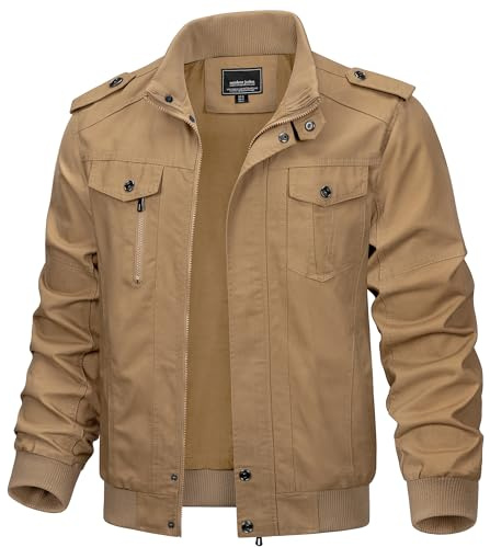 TACVASEN Men's Military Lightweight Jacket Army Cargo Windbreaker Zip Front Stand Collar Cotton Jackets with Multi Pockets Khaki M