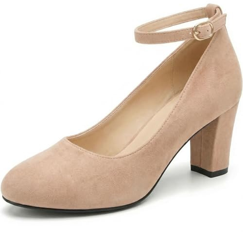 Womens Ladies Block Heel Ankle Strap Work Court Evening Dress Girls Shoes Pumps UK Size 3-12 (8 UK, Nude Suede)