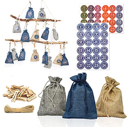 DuneDesign DIY Adventskalender zum Befüllen 2025-24 Adventskalender Säckchen Stoff mit Girlande und Sticker-Set - Weihnachtskalender zum Selber Befüllen - Adventstüten für Kinder Frauen Männer