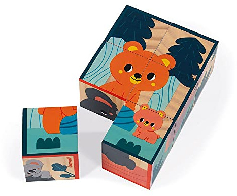 Janod - Puzzle Enfant Cubes en Bois Animaux - Jouet d'Eveil et Premier Age - Jeu Educatif - Apprentissage Observation et Coordination - Partenariat WWF- Certifié FSC - Dès 1 an, J08622