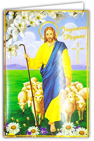 62-1010-A Carte Joyeuses PÂQUES en Or Doré Brillant et Enveloppe Blanche - Croix Religion Catholique Jésus Christ bon berger pasteur agneau moutons troupeau Fleurs Fête Printemps