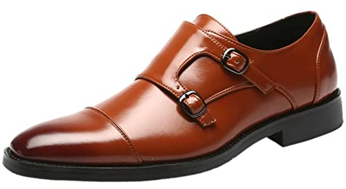 ANUFER Caballero Elegante Puntera Doble Hebilla Zapatos de Monje Imitación Cuero Formal Zapatos de Vestir
