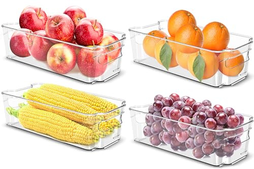 KICHLY Stackable Fridge Organisers - Set of 4 Storage Containers with Handles - Multipurpose Organizer Boxes For Kitchen, Fridge, Cupboard, Snacks, Cans, Tins, Pantry, Under Sink - BPA Free - Clear