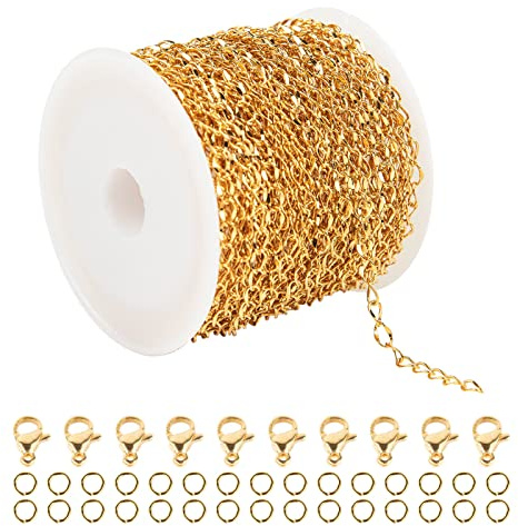 UMAOKANG 32.8 Feet Gold Chains for Jewelry Making, 316 Stainless Steel Extender Chain Links for Necklace Bracelet Making with 10pcs Lobster Clasps and 30pcs Jump Rings