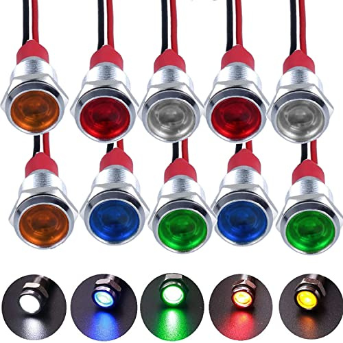RUNCCI-YUN 10pcs12V-24V 10mm LED Pannello Pilota Cruscotto Spia Indicatore Lampada Auto Furgone Barca Indicatore Luminoso Lampada Pilota Cruscotto Lampadine Direzionale(rosso blu verde giallo bianco)