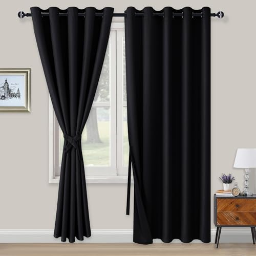 XWZO Blackout Curtains Shades Window Curtain Panels with Tiebacks- Noise Reduction and Thermal Insulated Eyelet Curtains for Bedroom,Living Room,Office,Study Room Black W66xL90