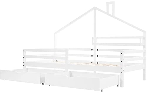 Hausbett Kinder Jugendbett 90X200 Hausbett Kaminform Mit Schublade Ablageregal Mit Rausfallschutz Vielseitiges Holz Kinderbett FüR Jungen & MäDchen