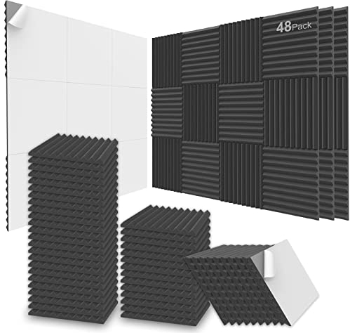 JBER 48 Pack Acoustic Foam Panels, 30×30×2.5 cm Self-Adhesive Sound Proofing Panels for Home Office Studios, BLACK