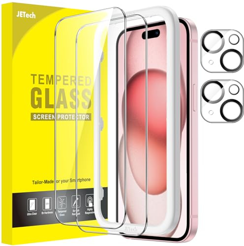 JETech Skärmskydd för iPhone 15, 2+2-Pack | med Kameralinsfolie, HD Klart Härdat Glas, Repskydd, Enkel Installationsram