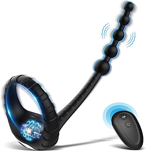 Vibrating Cock Ring with Anal Beads Butt Plug, Sex Toys for Men Couples, 3 in 1 Silicone Penis Ring with 10 Vibration Remote Control Male Penis & Anal Prostate Vibrator Anal Toys for Men Gay Play