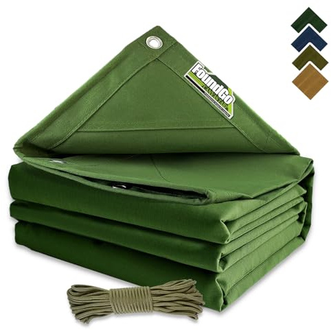 FoundGo Canvas Tarp 2x3m, 0.55mm/22 mil Canvas Tarpaulin Heavy Duty Water Resistant with Reinforced Grommets, Green Tarpaulin Cloth Covers for Car, Roof, Boat, Camp, Canopy with Ropes