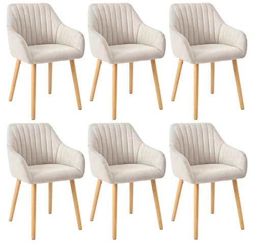 Goeurvant Chaises Beige Salle à Manger avec Accoudoirs Lot de 6 Chaises Fauteuil rembourrée en Polyester avec Pieds en Bois pour Salon Cuisine et Bureau