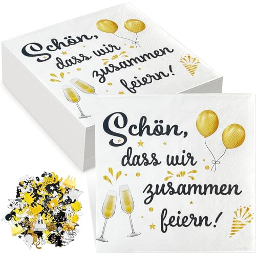 40 Stück Servietten Geburtstag,300 Stück Konfetti Geburtstag Deko,Servietten Schön dass wir zusammen feiern,33 x 33 cm Weiß Partyservietten für Geburtstag Babyparty Hochzeit Taufe Tischdeko
