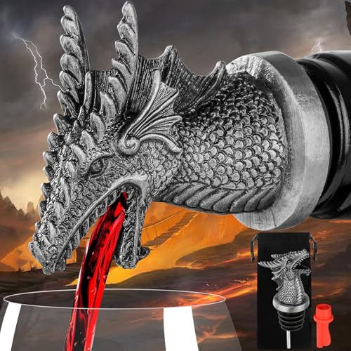 LKKCHER Dragon Head - Beccuccio versatore per liquori per alcolici, Dragon 2 in 1, versatore e tappo per bottiglie di vino, regalo per uomini, donne, fan del drago, accessori per vino, argento, con