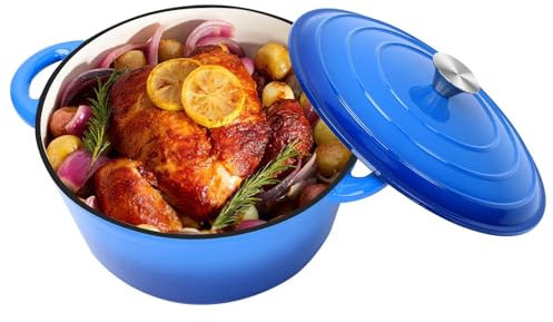 Ø28cm Emaille Gusseisen Schmortopf mit Deckel,Dutch Oven für Zuhause, Küche, Gusseisen Bräter für alle Herdarten und Induktion geeignet zum Kochen, Backen, Kühlen und Servieren,Rund,Blau,5,7L