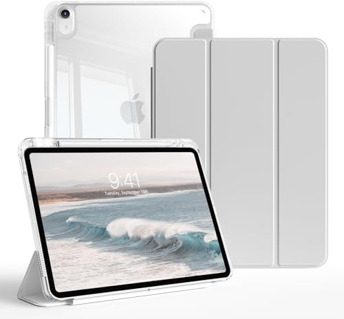 ZKTUYU Hülle für iPad Air 11 Zoll M4/M3/M2 (2026/2025/2024), iPad Air 5./4. Generation (2022/2020) 10,9 Zoll mit Stifthalter, Transparente Hart PC Rückseite, Auto Schlafen/Wachen, Hellgrau