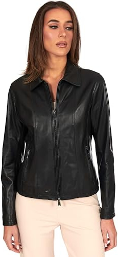 D'Arienzo Giacca Donna Nera Giubbotto Collo Camicia Moto Vera Pelle Made in Italy Vale Cam L/Nero