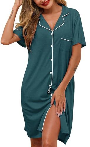 Lovasy Chemise de Nuit Femme Coton à Manches Courtes Chemise de Nuit Léger Col en V Classique Robe De Nuit Boutonnée Devant Tee Shirt de Nuit Femme Grande Taille avec Poches Latérales