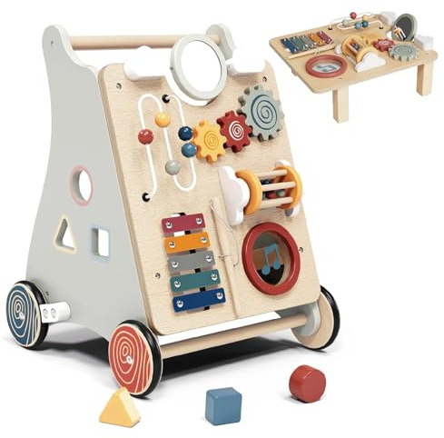 Baby Push Walker with Detachable Busy Board, Wooden Baby Walker with Adjustable Speed Wheels, Montessori Push Walker for Babies, Push Walking Toys for Boys & Girls 1 Year Old, Gifts for Toddler