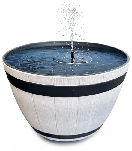 Solar Fountain Set for Outdoor Use – 51 x 36 cm Wooden Barrel Look Decorative Bowl Grey and Floating Solar Fountain Fountain – Outdoor Water Feature Garden Fountain as Balcony Bird Bath Bird Bath