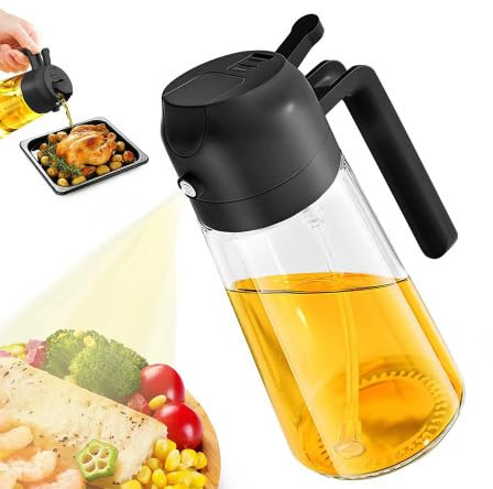 ONE MORE Oil Sprayer for Cooking 2 in 1 Olive Oil Dispenser Bottle for Kitchen 16oz/470ml Premium Glass Bottle- Black