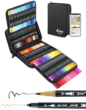 HornedDragon 120 colori Brush Pen con App, Marker Doppia Punta Lettering con Valigetta, Pennarelli Acquerellabili (Punta a Pennello e Punta Fine) – per Calligrafia, Pittura, Schizzi, Colorazione