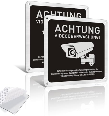 Lot de 2 panneaux de vidéosurveillance autocollants avec avertissement DSGVO - En aluminium - 15 x 15 cm - Avec 4 trous de perçage
