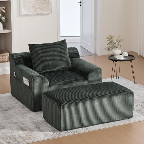 Chaise Longue d’Intérieur Velours Côtelé - Fauteuil Lounge Rembourré avec Repose-Pieds & Coussin, Canapé 1 Place à Poches Latérales, sans Assemblage, Idéal pour Salon, Chambre (Vert)