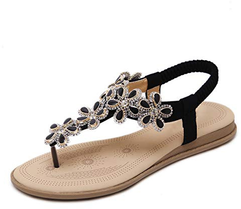 iCKER Women's Flat Sandals Ladies Thong Flat Sandals Bohemian Beaded Strap Sandals Diamante Rhinestone Leather Sandals, 6UK(label size 40), Black