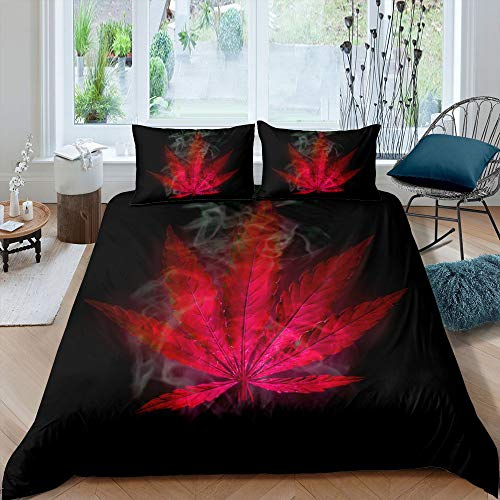 Homewish Marihuana Trösterbezug Red Cannabis Leaf Bedrucktes Bettwäscheset für Erwachsene Teenager Marihuana Weed Leaf Bettbezug Exotische Blätter Rustikales weiches Boho Trippy Hippie-Thema, 135×200