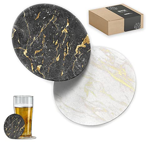 100 Posavasos de Cartón Originales, Decorativos y Absorbentes para Bebidas y Líquidos. Portavasos para Mesa con Efectos de Acabado 10 x 10 cm y 1,4 mm Espesor. (Efecto Marble Redondo, 100)