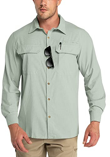 Outdoor Ventures Camisa de manga larga para hombre, camisa funcional para exteriores, de secado rápido, informal, transpirable, Verde hielo., S