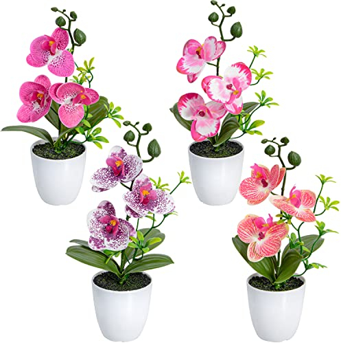SIFOEL Artificial Orchid Flowers, 4Pcs Mini Potted Fake Orchid Flowers with Plastic Vase for Home Office Wedding Table Decoration(Red, Purple, Pink, Orange)