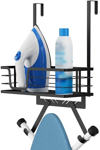 KES Bügelbretthalter Schwarz Bügelbrett Halterung Tür Hängen Bügeleisenhalter Bügelbrett Aufhänger Bügelbrett Halter ohne Bohren mit Korb für T Form, HIR501A-BK