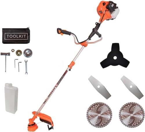 KNakasaki | Cortacésped 2 Tiempos, Gasolina, Multifunción, Accesorios Incluidos, 65CC, 3,0 CV, Correa para Hombro, Cuchillas, Carrete, Sistema Antivibración Y Cortadora, Easy-Start, Doble Manillar