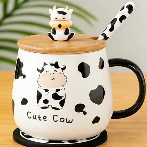 Disoza Taza Vaca Con Tapa Taza Vaca 420ml Taza Café Regalo Vaca Taza Cerámica Con Cuchara y Posavasos Taza Té Café Navidad Regalo De Cumpleaños Para Esposa Novia Niños