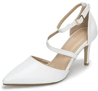 Rodawu Damen-Pumps mit spitzem Zehenbereich, hoher Absatz, Knöchelriemen, Pumps, Hochzeitsschuhe, Sandalen, Damenschuhe, weiß, 38 EU