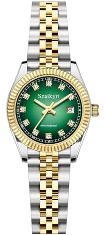 Szaikyri Klassische Damenuhr mit Festem Rostfreien Stahlgürtel Wasserdicht Armbanduhr Damen Kalender Uhr für Damen (Gold Green)