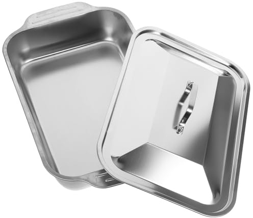 Hoement Stainless Steel Roasting Pan with Lid Rectangular 41x24x7.5cm Fish Roaster Tray Deep Seafood Serving Tray for Home Kitchen
