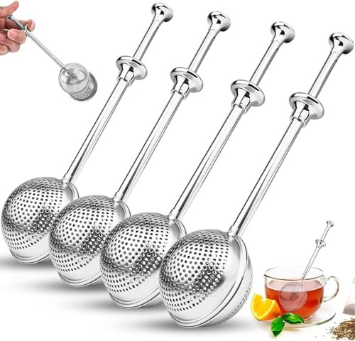SDwfxd 4 Pièces Boule a The, 304 Inoxydable Filtre à Thé, Infuseur Thé avec Type de Presses à Long Manche, Boule a The Infuseur pour Thé en Vrac et épices (Argent)