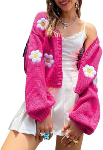 Suncadmious Cardigan Donna a Manica Lunga con Motivo Floreale Vantage Maglione a Fiori Oversize Manica Lunga con Scollo a V e Maglia Corta all'Uncinetto (Rosa,XL)