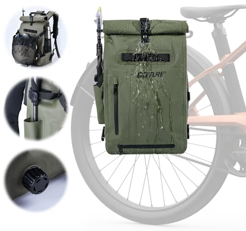 Goture Fahrradtasche für Gepäckträger [25L Volumen], 3in1 wasserdichte Gepäckträgertasche, Motorradtasche, Rucksack, Laptoptasche, Reisetasche, Professionelles Fahrradzubehör, Militärgrün