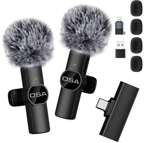 OSA Micrófonos Inalámbricos de Solapa para iPhone/Android/PC/computadora portátil, micrófono inalámbrico para transmisión en Vivo, Vlogs, TikTok, Youtube, micrófono con Clip Plug-Play, Color Negro