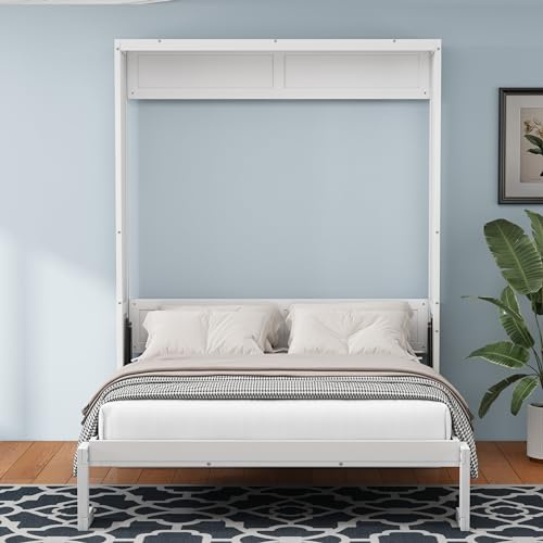 Tiiiopkvvv Full Size Wood Murphy Bed Space-Saving Design 61.5 Wide Cabinet Bed Folding Wall Bed with Desk, Slats and Integrated USB Ports for Guest Room Study Office Bedroom, White (Full Size Full)