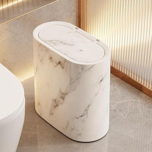 POPUPWAVE Pattumiera da bagno con coperchi, in plastica, motivo marmo, legno, piccolo cestino della spazzatura con coperchio, per bagno, cestino stretto e moderno, per casa, interni, hotel (bianco)